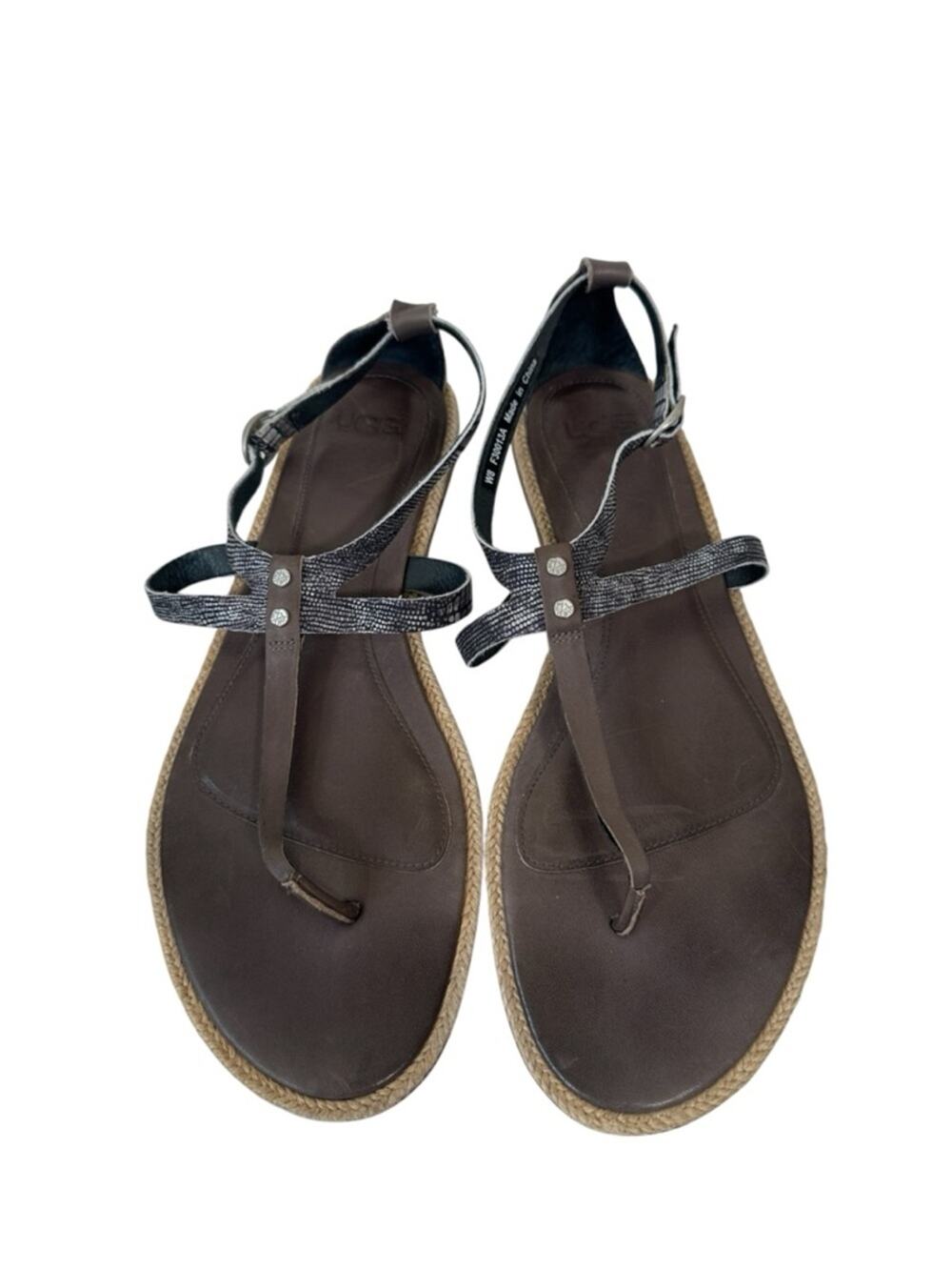 UGG Brown Grey Leather Thong Sandals Womens 8 Casual Summer Flat Beachy Shoes